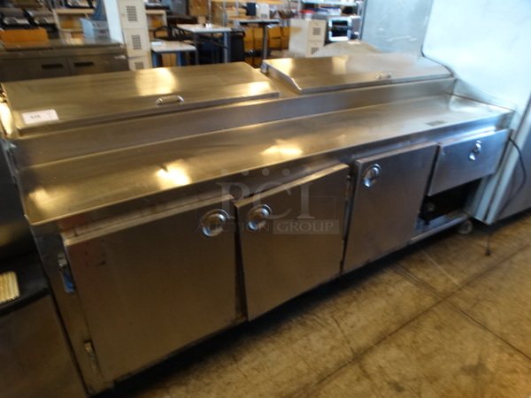NICE! Stainless Steel Commercial Pizza Prep Table on Commercial Casters. 103x36x45. Tested and Working!