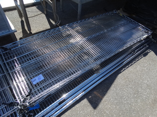 ALL ONE MONEY! Lot of 5 Chrome Finish Shelves and 4 Poles! 60x24x1.5, 87