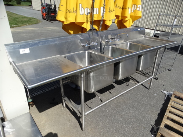 Stainless Steel Commercial 3 Bay Sink w/ Dual Drainboards, Faucets and Handles. 108x31x44. Bays 18x24x14. Drainboards 22x27x2
