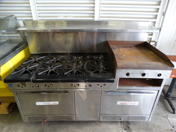 NICE! Southbend Stainless Steel Commercial Gas Powered 8 Burner Range w/ Right Side Flat Top Griddle, 2 Lower Ovens and Stainless Steel Overshelf. 72x33x55