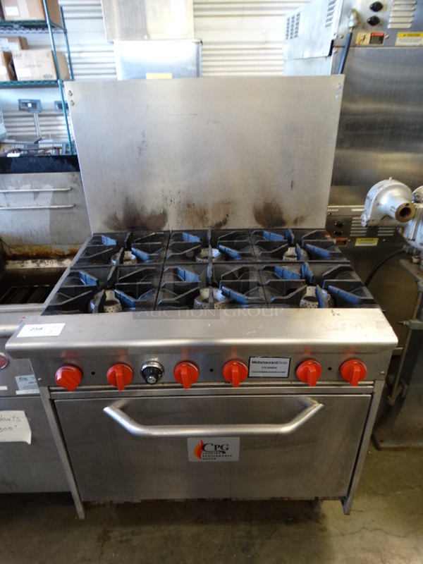 CPG Stainless Steel Commercial Gas Powered 6 Burner Range w/ Lower Oven and Backsplash. 36x34x57