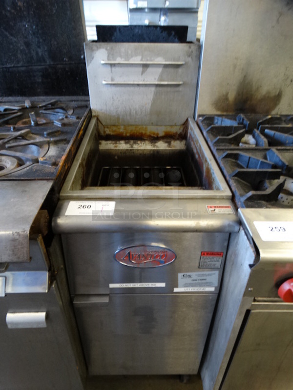 GREAT! Avantco Model FF300-P Stainless Steel Commercial Floor Style Propane Gas Powered Deep Fat Fryer on Commercial Casters. 120,000 BTU. 15.5x30x46