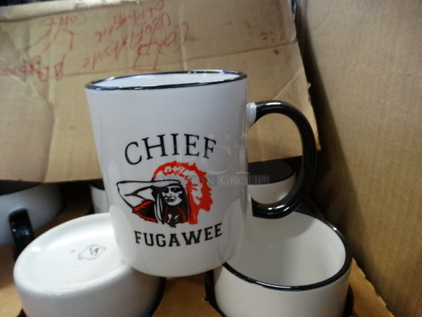12 BRAND NEW IN BOX! White and Black Ceramic Chief Fugawee Mugs. 5x3x4. 12 Times Your Bid!