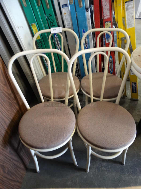 4 White Metal Dining Chairs w/ Tan Seat Cushions. 18x17x34. 4 Times Your Bid!