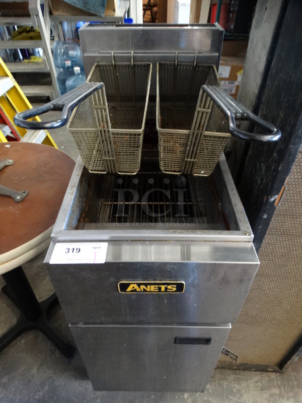 NICE! 2011 Anets Model SLG40 Stainless Steel Commercial Natural Gas Powered Deep Fat Fryer w/ 2 Metal Fry Baskets. 90,000 BTU. 15.5x28x46