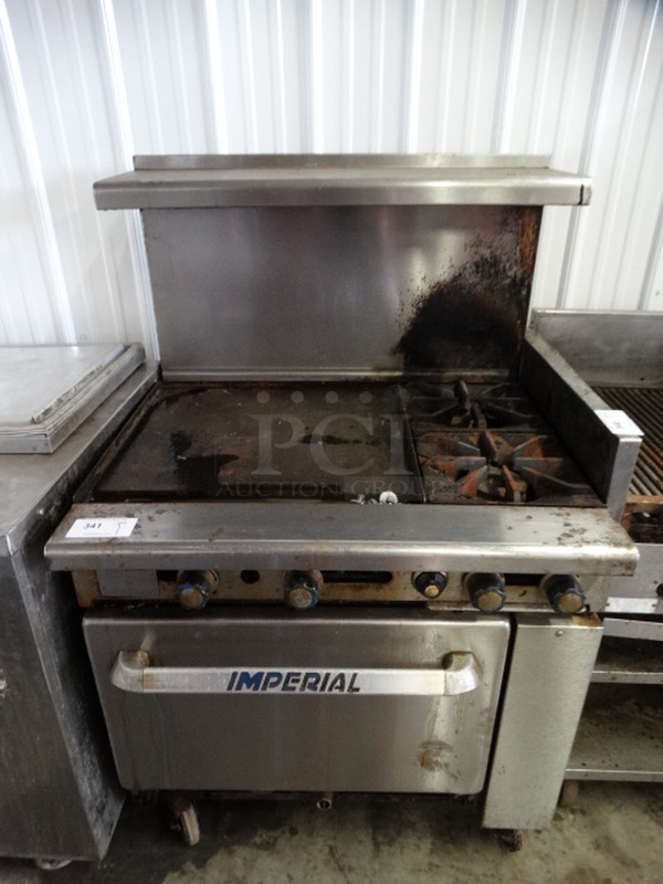 NICE! Imperial Stainless Steel Commercial Gas Powered Flat Top Griddle w/ Right Side 2 Burner Range, Lower Oven and Overshelf on Commercial Casters. 36x32x58