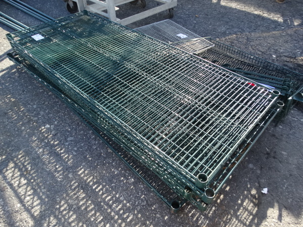 ALL ONE MONEY! Lot of 6 Green Coated Metro Shelves and 6 Poles! 60x24x1.5, 76