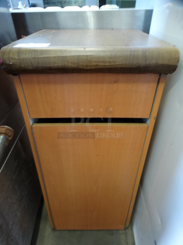 Wood Pattern Trash Can Shell w/ Trash Deposit Flap, Door and Gray Poly Trash Bin. 20x23x45