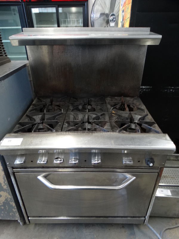 BEAUTIFUL! Stainless Steel Commercial Gas Powered 6 Burner Range w/ Lower Oven and Overshelf on Commercial Casters. 36x32x57