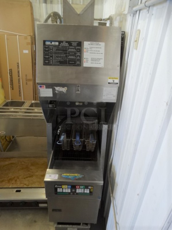 2 EXQUISITE! Items; Giles Model FSH-2-PH Stainless Steel Commercial Ventless Grease Hood and 2013 Pitco Frialator Model SEF184 Stainless Steel Commercial Electric Powered Deep Fat Fryer w/ 4 Metal Fry Baskets and Filtration System. 208-240 Volts, 3 Phase. 27x39x81. 2 Times Your Bid!