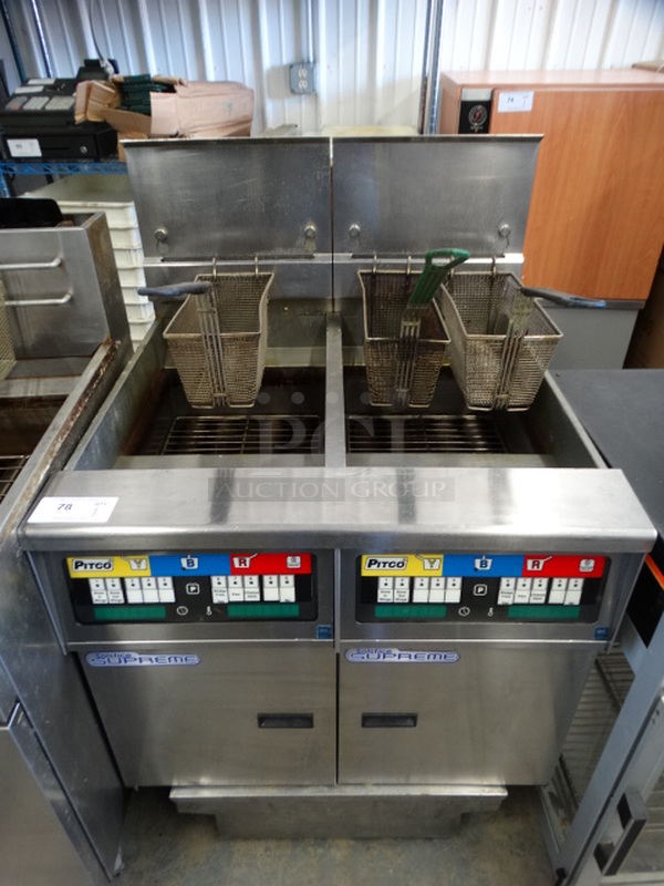 GORGEOUS! 2011 Pitco Frialator Model SSH55 Stainless Steel Commercial Natural Gas Powered 2 Bay Deep Fat Fryer w/ 3 Metal Fry Baskets and Filtration System on Commercial Casters. 80,000 BTU. 31.5x35x48