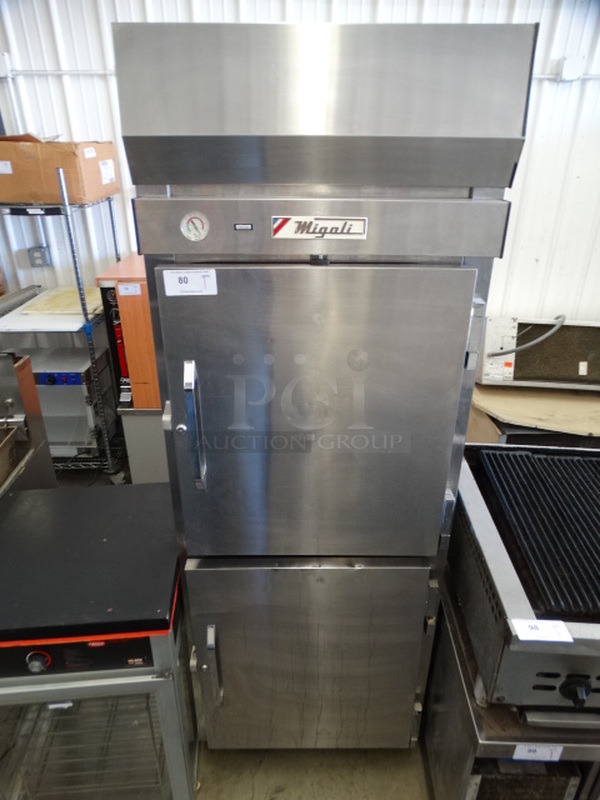 NICE! Migali Model F28ATH Stainless Steel Commercial 2 Half Size Door Reach In Freezer w/ Poly Coated Racks on Commercial Casters. 115 Volts, 1 Phase. 28x36x79. Tested and Working!