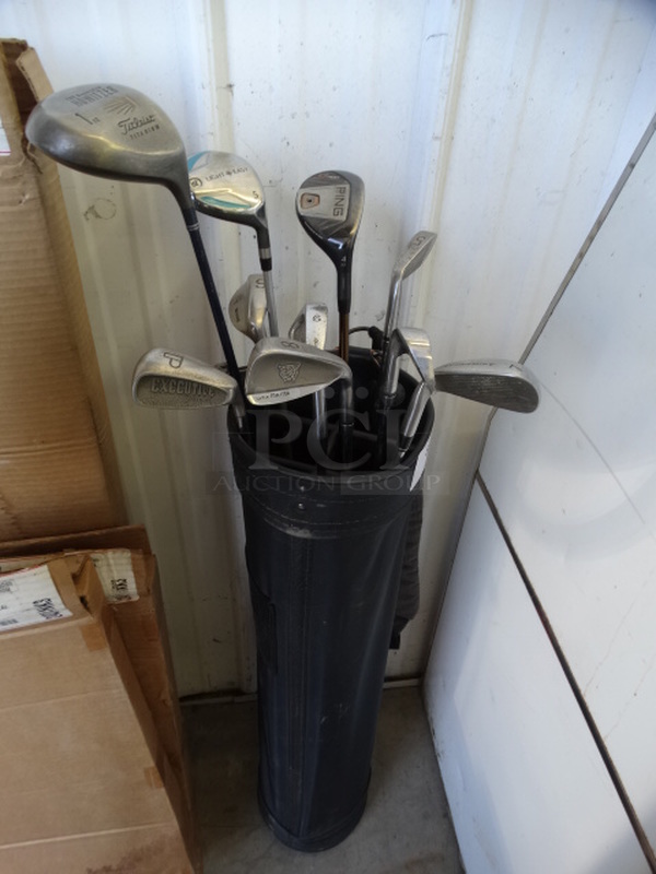 ALL ONE MONEY! Lot of Various Golf Clubs in Caddy. Includes Titleist, Light and Easy, PING and USA. 8x10x34 Bag.