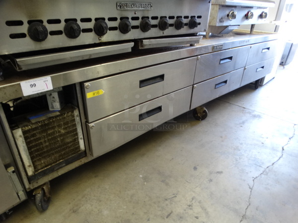 SWEET! Delfield Stainless Steel Commercial 6 Drawer Chef Base on Commercial Casters. 108x31x27. Tested and Working!