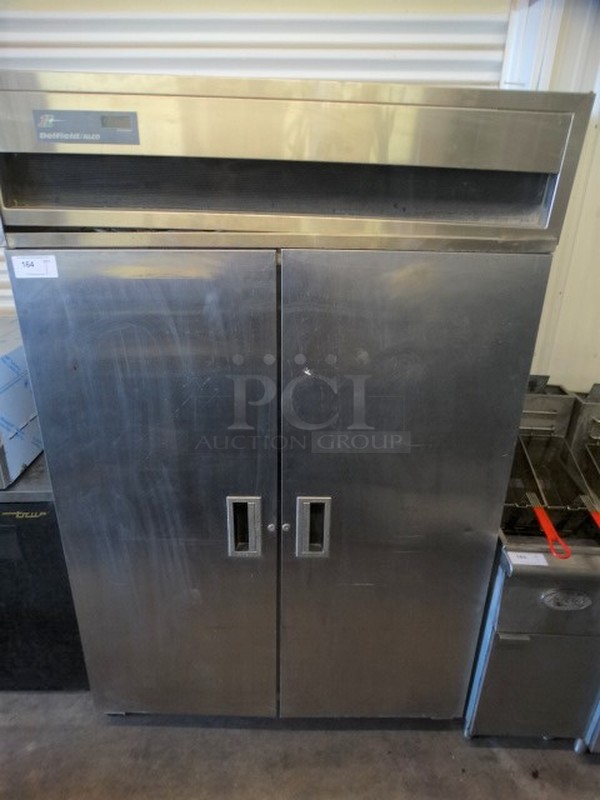 GREAT! Delfield Stainless Steel Commercial 2 Door Reach In Cooler on Commercial Casters. 50x33x80. Tested and Does Not Power On
