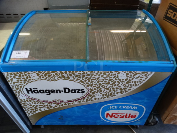 NICE! Commercial Novelty Ice Cream Merchandiser Freezer on Commercial Casters. 39.5x26x35.5. Cannot Test Due To Cut Cord