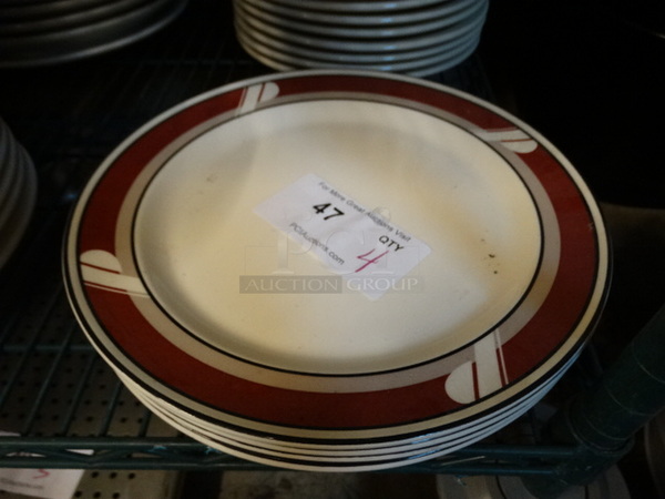4 White Ceramic Plates w/ Maroon Rim. 11.5x11.5x1. 4 Times Your Bid!