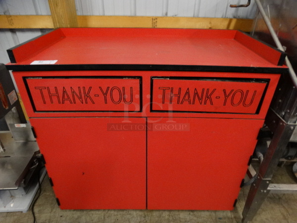 Red Trash Can Shell w/ 2 Trash Deposit Flaps, 2 Doors and 2 Trash Cans on Commercial Casters. 48x25x47