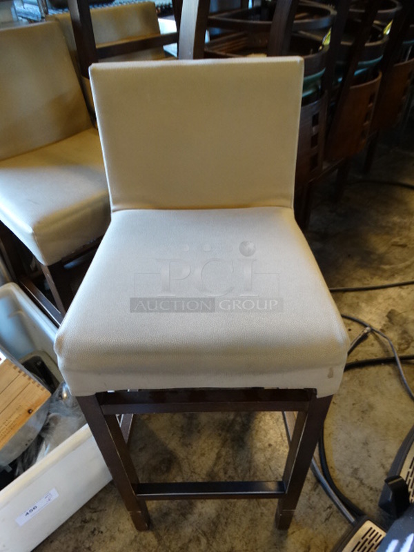 4 Bar Height Chairs w/ Tan Seat/Back Cushion and Wood Pattern Frame. 17x19x41. 4 Times Your Bid!