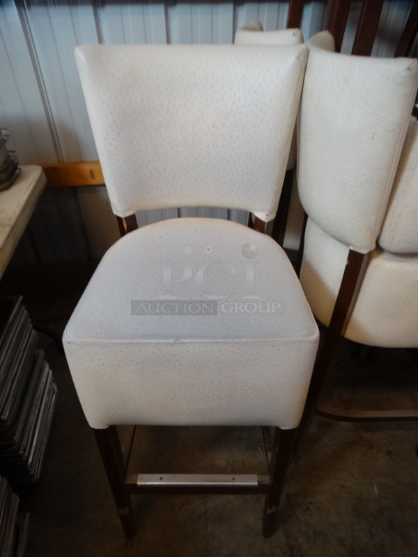 3 Bar Height Chairs w/ White Seat/Back Cushion on Wood Pattern Frame. Stock Picture - Cosmetic Condition May Vary. 17x18x44. 3 Times Your Bid!