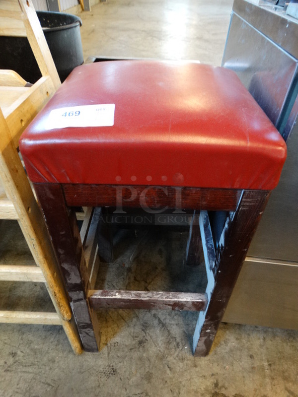 Stool w/ Red Seat Cushion on Wood Pattern Frame. 16x16x30