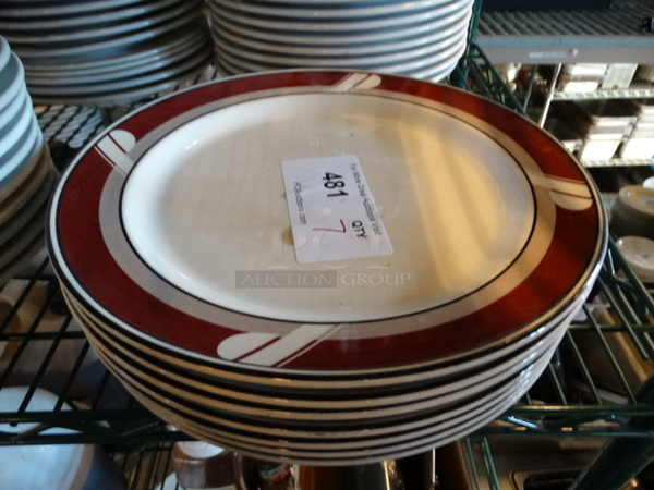 7 White Ceramic Plates w/ Maroon Rim. 12x12x1. 7 Times Your Bid!