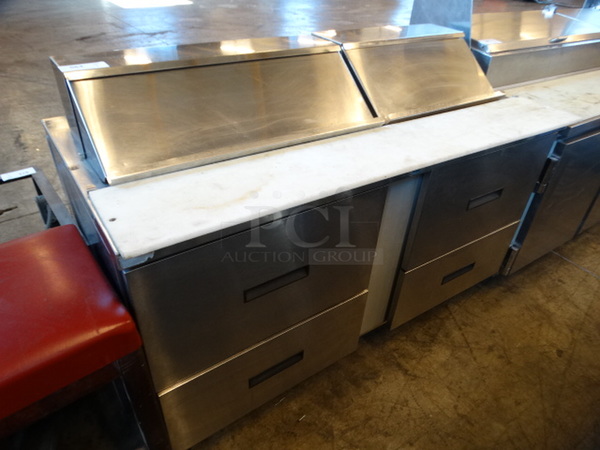 NICE! Stainless Steel Commercial Sandwich Salad Prep Table Bain Marie Mega Top w/ 4 Drawers on Commercial Casters. 60x32x43. Tested and Powers On But Does Not Get Cold 