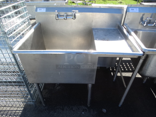 Stainless Steel Commercial Single Bay Sink w/ Right Side Drainboard and Handles. 43x30x45. 27x27x14. Drainboard 27x13x2