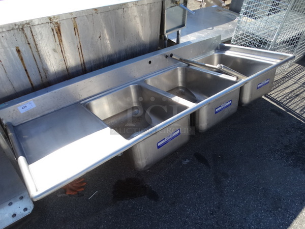 Stainless Steel Commercial 3 Bay Sink w/ Left Side Drainboard. 90x35x42