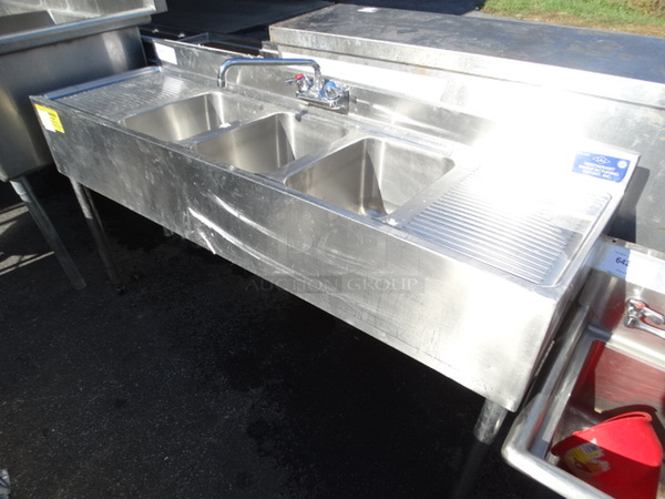 Stainless Steel Commercial 3 Bay Sink w/ Dual Drainboards, Faucet and Handles. 60x16.5x32. Bays 10x14x9, Drainboards 12x16x1