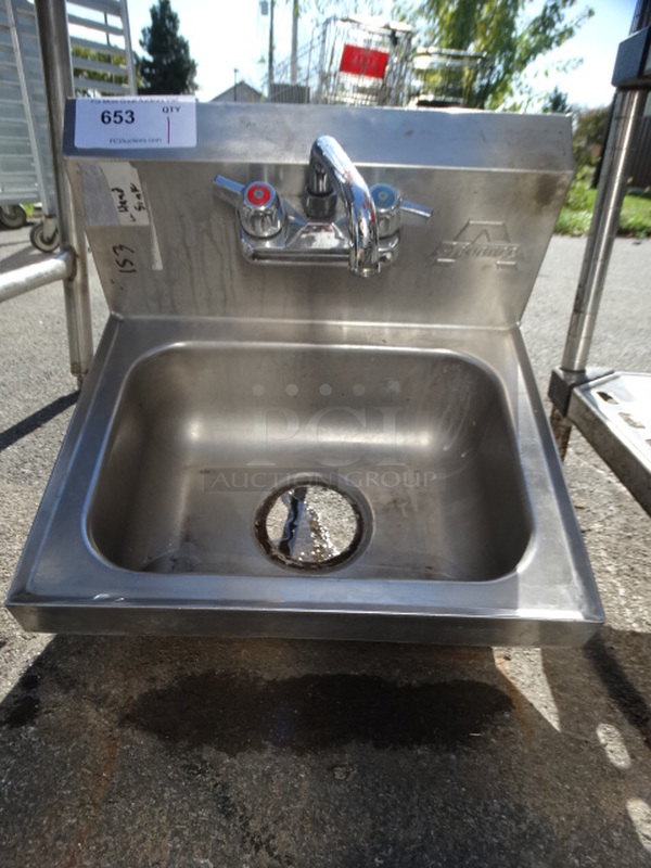 Stainless Steel Single Bay Wall Mount Sink w/ Faucet and Handles. 17x15x19