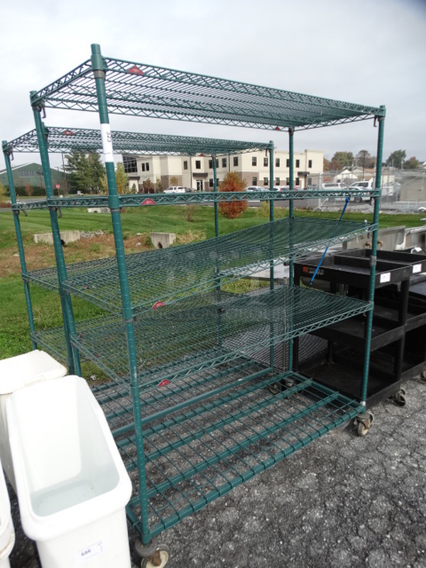 Metro Green Finish 5 Tier Shelving Unit on Commercial Casters. 60x24x74. BUYER MUST DISMANTLE. PCI CANNOT  DISMANTLE FOR SHIPPING. PLEASE CONSIDER FREIGHT CHARGES.  - Image 1 of 4
