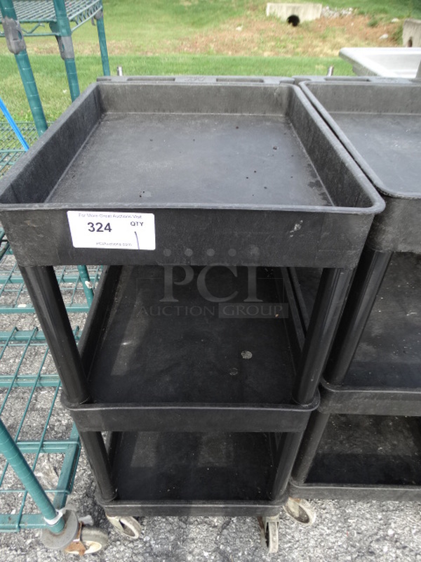 Black Poly 3 Tier Cart w/ Push Handle on Commercial Casters. 19x28x39