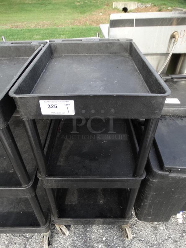 Black Poly 3 Tier Cart w/ Push Handle on Commercial Casters. 19x28x39