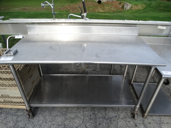 Stainless Steel Commercial Table w/ Vegetable Slicer Mount, Undershelf and Backsplash on Commercial Casters. 60x30x39