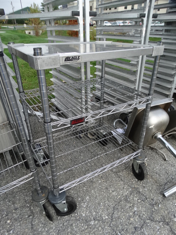 Chrome Finish 2 Tier Metro Shelving Unit on Commercial Casters. 24x18x33.5. BUYER MUST DISMANTLE. PCI CANNOT  DISMANTLE FOR SHIPPING. PLEASE CONSIDER FREIGHT CHARGES.  - Image 3 of 4