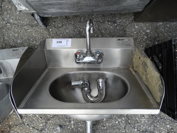 Stainless Steel Commercial Wall Mount Single Bay Sink w/ Side Splash Guards, Faucet and Handles. 19x16x22