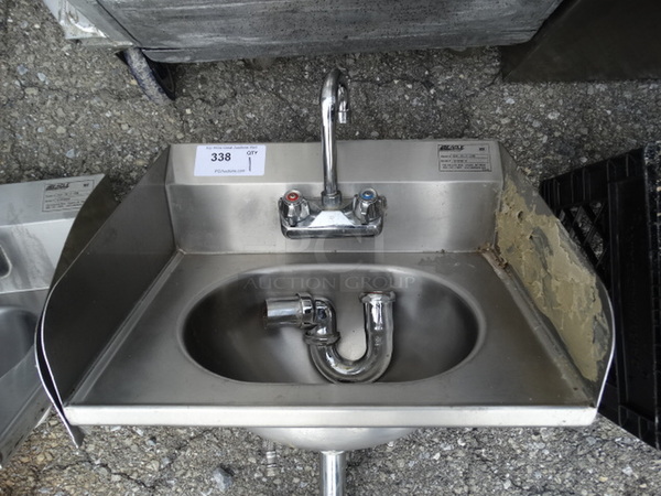 Stainless Steel Commercial Wall Mount Single Bay Sink w/ Side Splash Guards, Faucet and Handles. 19x16x22 - Image 1 of 6