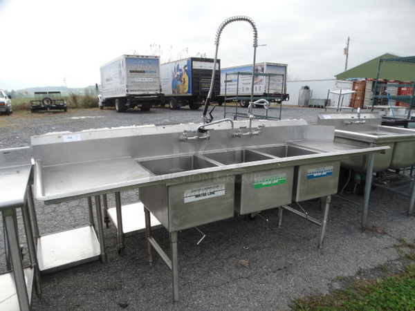 Stainless Steel Commercial 3 Bay Sink w/ Left Side Drainboard, Faucets, Handles and Spray Nozzle Attachment. 105x30x43. Bays 1824x12. Drainboard 22x27x2 - Image 3 of 9