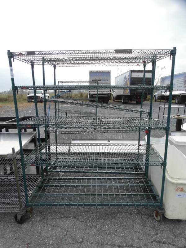 Metro Green Finish 5 Tier Shelving Unit on Commercial Casters. 60x24x72. BUYER MUST DISMANTLE. PCI CANNOT  DISMANTLE FOR SHIPPING. PLEASE CONSIDER FREIGHT CHARGES. 