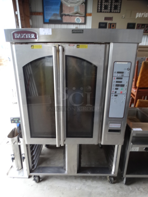 GORGEOUS! LATE MODEL! Baxter Model OV310E Stainless Steel Commercial Electric Powered Mini Rotating Rack Oven w/ Lower Double Pan Rack on Commercial Casters. 480 Volts, 3 Phase. 48x38x75 - Image 1 of 10