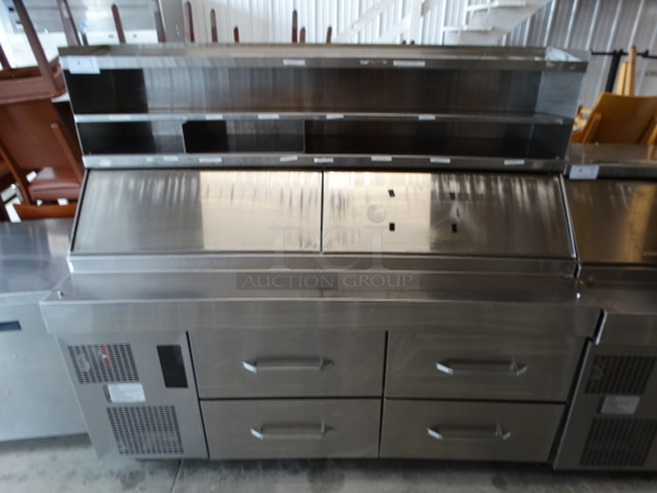 SWEET! Stainless Steel Commercial Sandwich Salad Prep Table Bain Marie Mega Top w/ 2 Lids, 4 Drawers and Overshelf on Commercial Casters. 72x32x63. Tested and Working! - Image 1 of 8