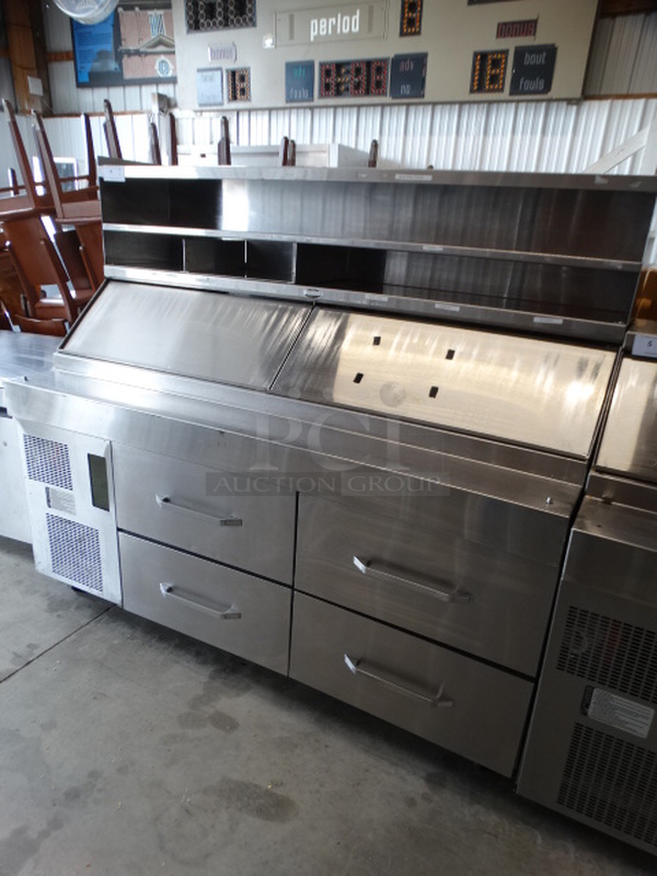 SWEET! Stainless Steel Commercial Sandwich Salad Prep Table Bain Marie Mega Top w/ 2 Lids, 4 Drawers and Overshelf on Commercial Casters. 72x32x63. Tested and Working! - Image 2 of 8