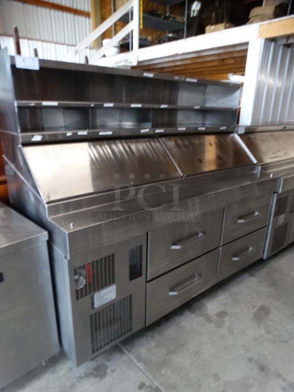 SWEET! Stainless Steel Commercial Sandwich Salad Prep Table Bain Marie Mega Top w/ 2 Lids, 4 Drawers and Overshelf on Commercial Casters. 72x32x63. Tested and Working! - Image 3 of 8