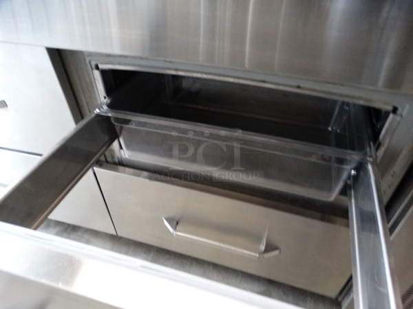SWEET! Stainless Steel Commercial Sandwich Salad Prep Table Bain Marie Mega Top w/ 2 Lids, 4 Drawers and Overshelf on Commercial Casters. 72x32x63. Tested and Working! - Image 7 of 8