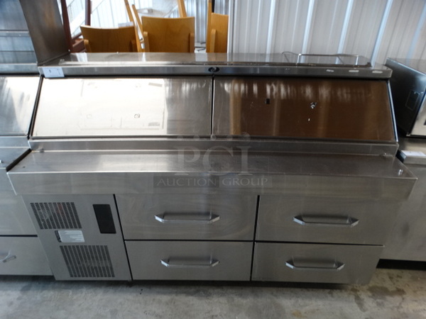 SWEET! Stainless Steel Commercial Sandwich Salad Prep Table Bain Marie Mega Top w/ 2 Lids and 4 Drawers on Commercial Casters. 72x32x47. Tested and Working!