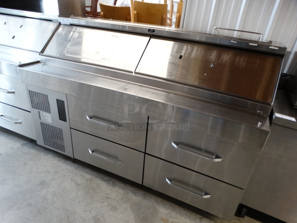 SWEET! Stainless Steel Commercial Sandwich Salad Prep Table Bain Marie Mega Top w/ 2 Lids and 4 Drawers on Commercial Casters. 72x32x47. Tested and Working! - Image 2 of 10
