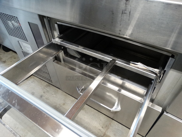 SWEET! Stainless Steel Commercial Sandwich Salad Prep Table Bain Marie Mega Top w/ 2 Lids and 4 Drawers on Commercial Casters. 72x32x47. Tested and Working! - Image 8 of 9