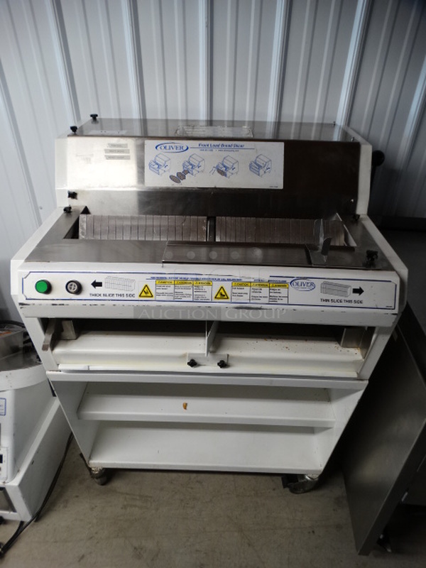 FANTASTIC! Oliver Model 758N Metal Commercial Floor Style Front Load Bread Loaf Slicer w/ 2 Thickness Options on Commercial Casters. 115 Volts, 1 Phase. 34x29x50. Tested and Working! - Image 2 of 10