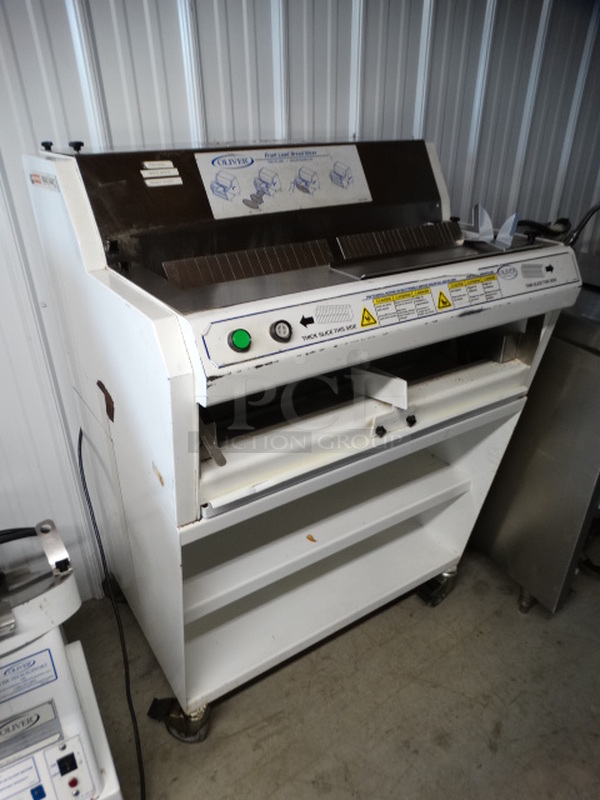 FANTASTIC! Oliver Model 758N Metal Commercial Floor Style Front Load Bread Loaf Slicer w/ 2 Thickness Options on Commercial Casters. 115 Volts, 1 Phase. 34x29x50. Tested and Working! - Image 4 of 10